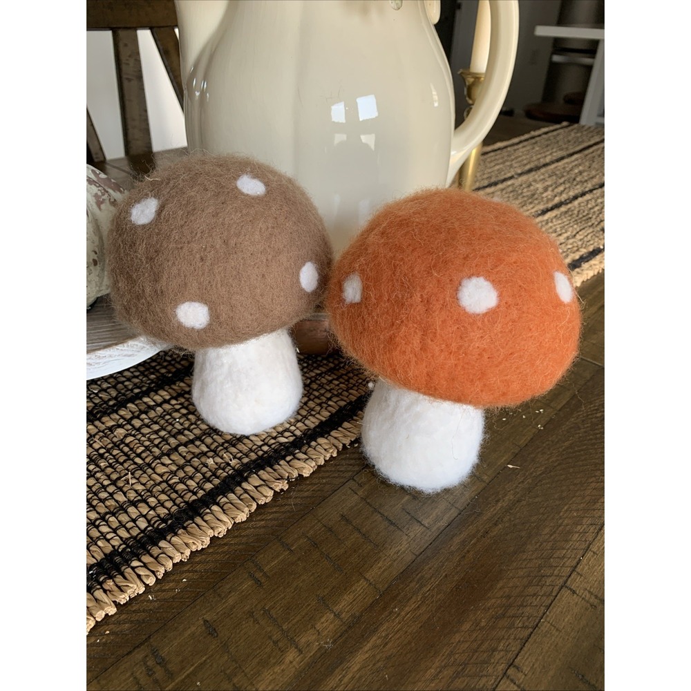 2 Retro Kitschy Felt Orange‎ & Brown White Polka Dot Mushrooms Fall Decor Soft